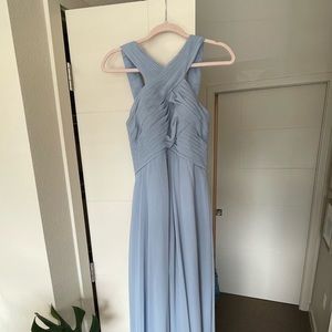 Azazie Kaleigh full-length bridesmaid dress in dusty blue.